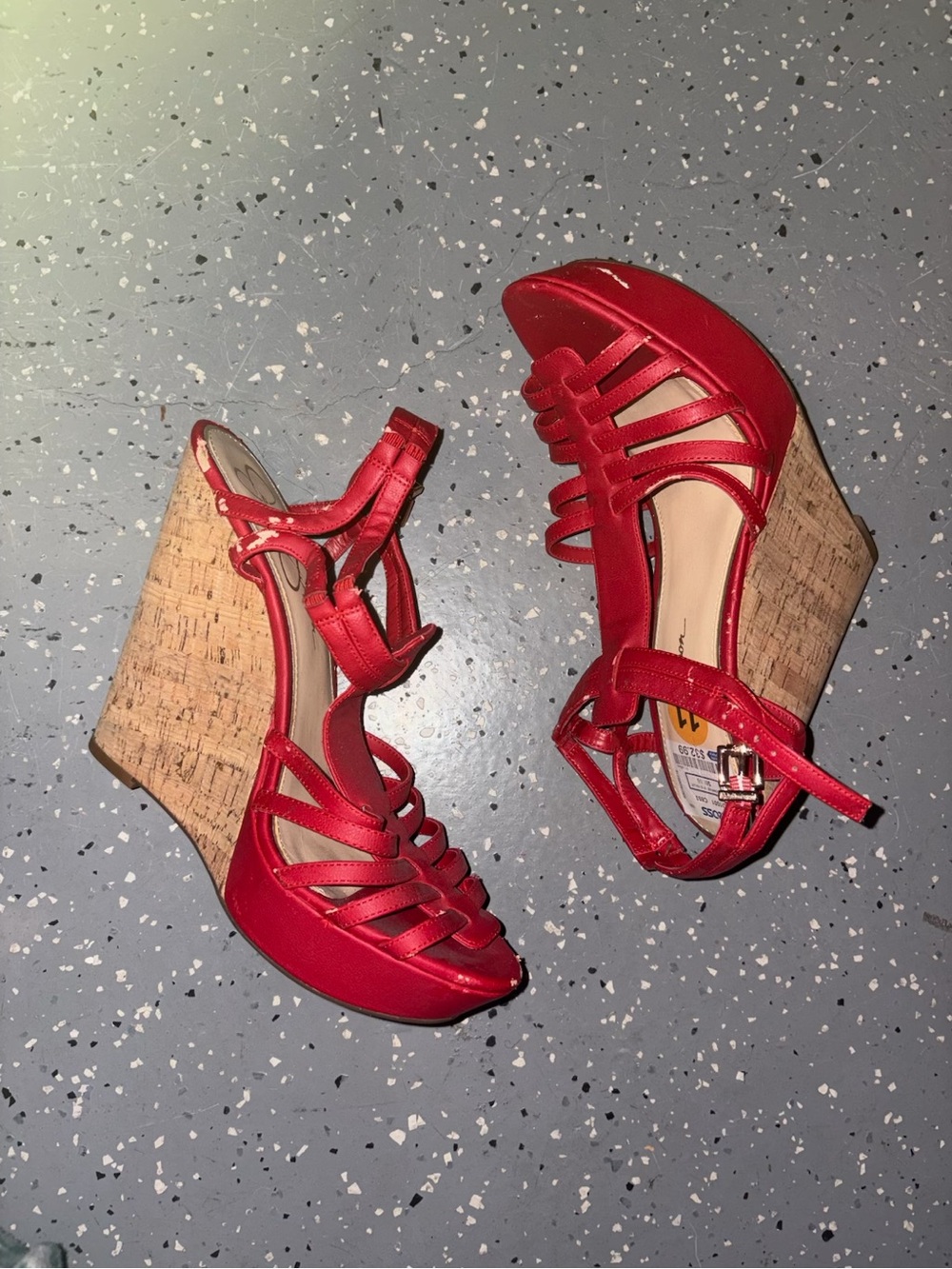 Red Strappy Cork Wedge Sandals with Ankle Buckle
